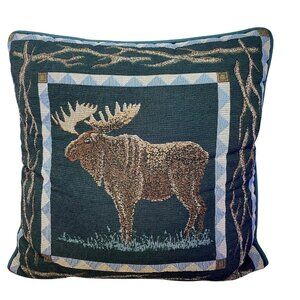 Moose Tapestry Decorative Throw Pillow 17x17 Inches Green & Tan Woodland Design